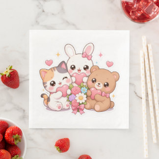 Kawaii dierenvrienden Harten & Bloemen papieren se Servet