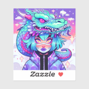 Kawaii Dragon Headaddress Girl in Vaporwave Skies Sticker