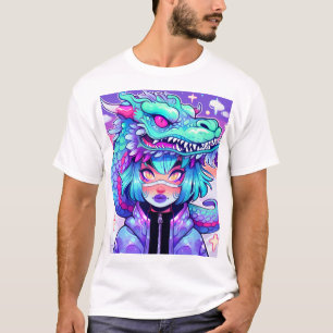 Kawaii Dragon Headaddress Girl in Vaporwave Skies T-shirt