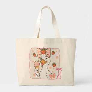 Kawaii eend met aardbeien ijs grote tote bag