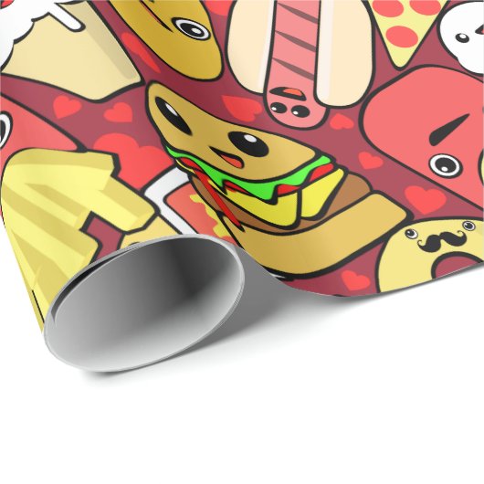 Kawaii Fast Food Patterned Red Cadeaupapier (Rol Hoek)