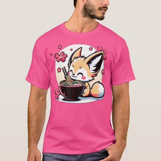 Kawaii Fennec Fox Eten Ramen T-shirt (Voorkant)
