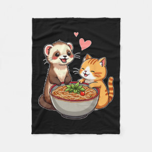 Kawaii Ferret en Cat Eating Ramen Schattige Japans Fleece Deken