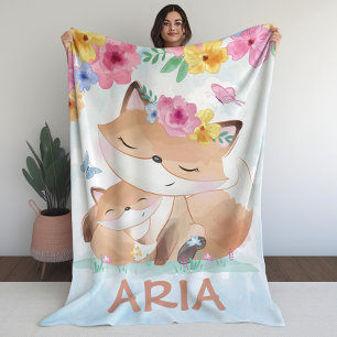Kawaii Fox met Bloemen met de Naam van de Douane Fleece Deken