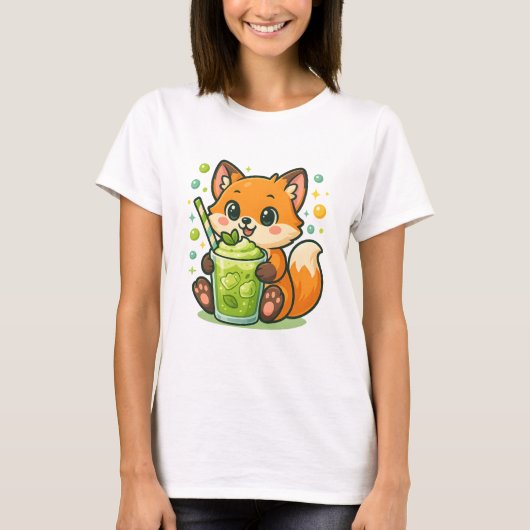 Kawaii Fox met Matcha Latte – Schattigee groene th T-shirt (Voorkant)