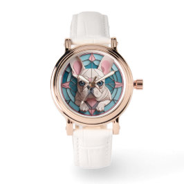 Kawaii Franse Bulldog Pastel Glas in lood Horloge