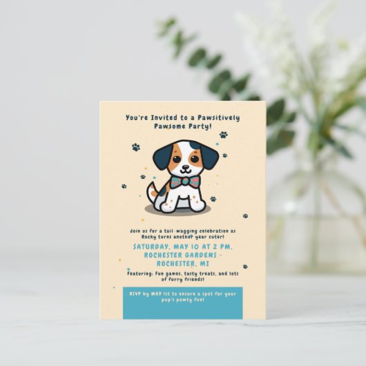 Kawaii geboortekaart uitnodiging voor een puppy (Staand voorkant)