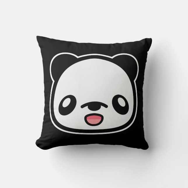 Kawaii Gelukkig Panda Op Zwart Kussen (Voorkant)