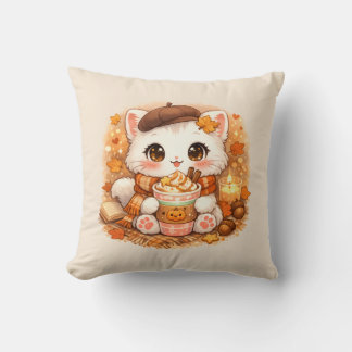 Kawaii Gezellige Herfst Latte Kitty – Mooie Herfst Kussen