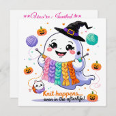 Kawaii Ghost Knitting Halloween Invitation Sticker Kaart (Voorkant / Achterkant)