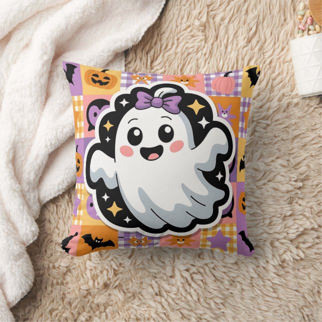 Kawaii Ghost Patchwork Sticker Sierkussen (Deken)