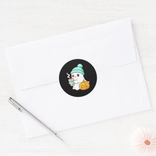 Kawaii Ghost With Pumpkin Coffee Cozy Halloween Au Ronde Sticker (Envelop)