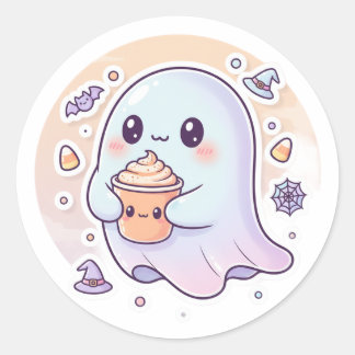 Kawaii Ghost with Pumpkin Latte – Cute Halloween S Ronde Sticker