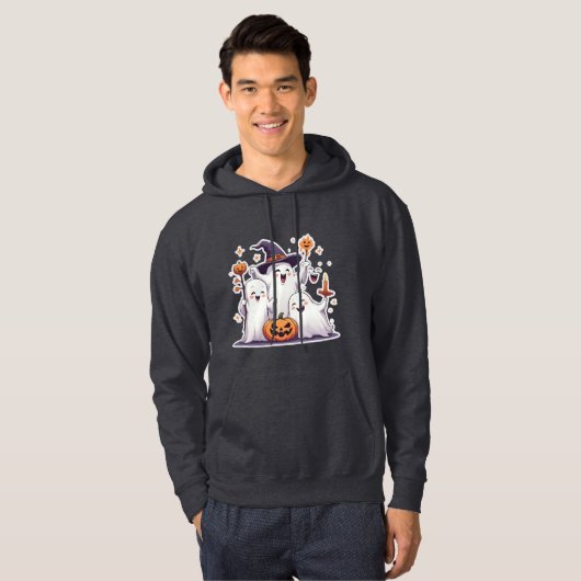 Kawaii Ghosts Halloween Hoodie- Grey Sweatshirt (Voorkant volledig)