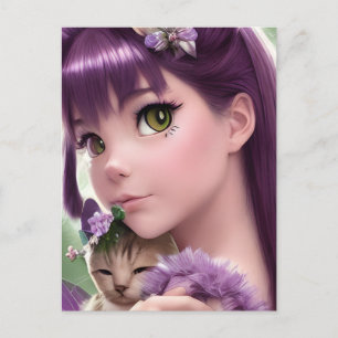Kawaii Girl en Kitten Briefkaart