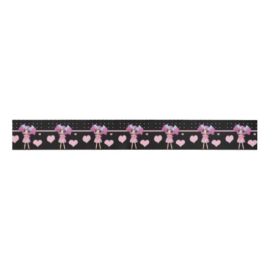 Kawaii Girl PinkP - trendy zwarte roze harten Grosgrain Lint (Voorkant)