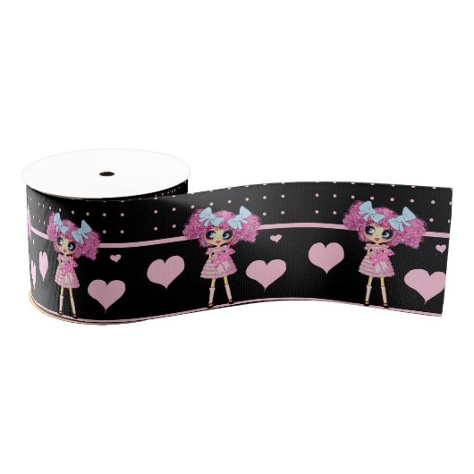 Kawaii Girl PinkP - trendy zwarte roze harten Grosgrain Lint (Spoel)