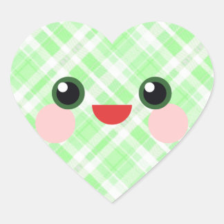 Kawaii Glimlach Gelukkig Gezicht Groene Geruite Hart Sticker