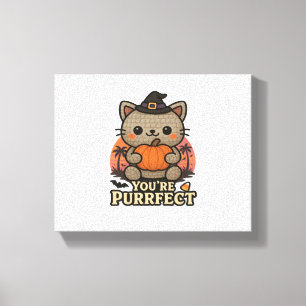 Kawaii Halloween kat met pompoen, Schattigee heks Canvas Afdruk