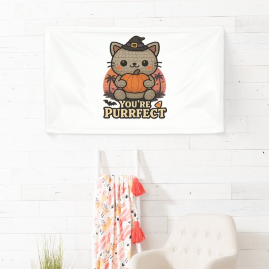 Kawaii Halloween kat met pompoen, Schattigee heks Spandoek (Insitu)