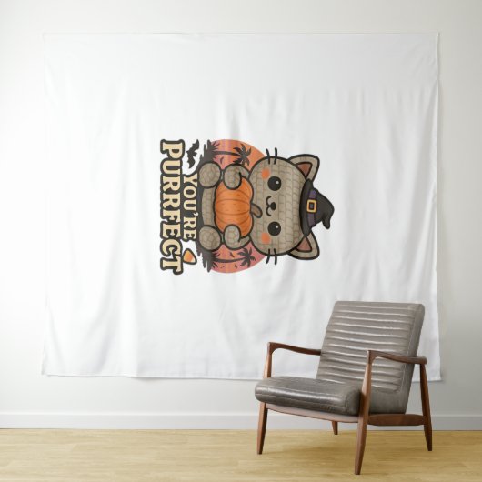 Kawaii Halloween kat met pompoen, Schattigee heks Wandkleed (In Situ (horizontaal))