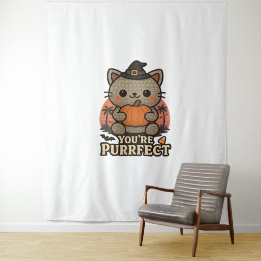 Kawaii Halloween kat met pompoen, Schattigee heks  Wandkleed (In situ)