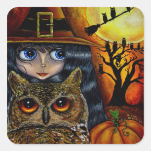 Kawaii Halloween Owl Witch Doll met grote ogen Vierkante Sticker