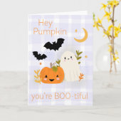 Kawaii Halloween Schattige Pumpkin & Ghost Kaart (Gele Bloem)