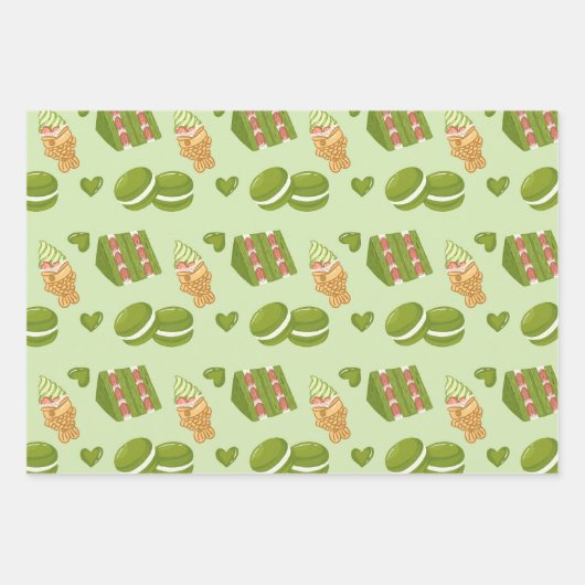 Kawaii Hand-Drawn Matcha Sweets Seamless Pattern Inpakpapier Vel (Voorkant 3)