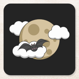 Kawaii Happy Bat Flying op Full Moon Vierkante Kartonnen Onderzetter