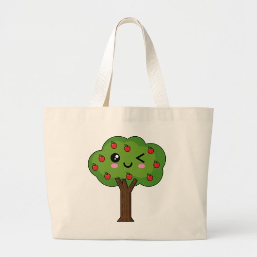 Kawaii Happy Winking Apple Tree Grote Tote Bag (Voorkant)
