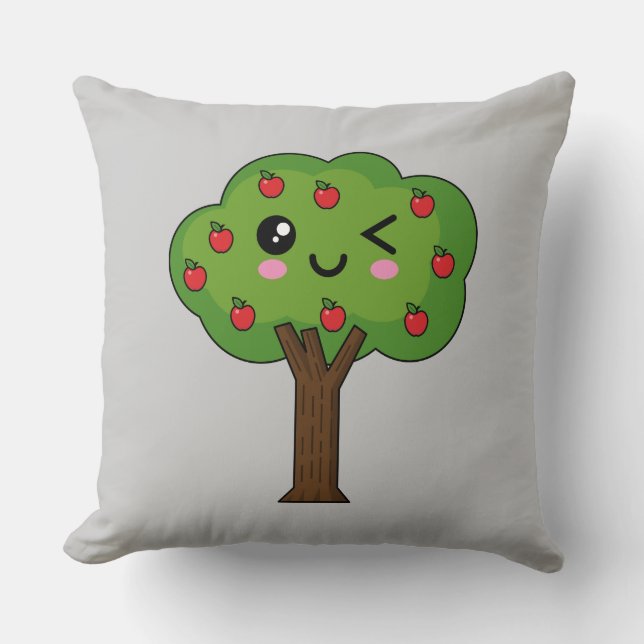 Kawaii Happy Winking Apple Tree Kussen (Voorkant)