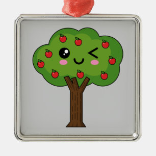 Kawaii Happy Winking Apple Tree Metalen Ornament