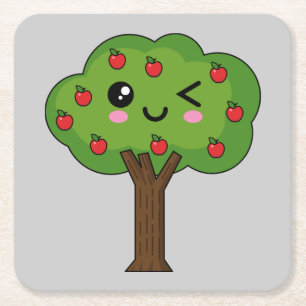 Kawaii Happy Winking Apple Tree Vierkante Kartonnen Onderzetter