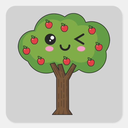 Kawaii Happy Winking Apple Tree Vierkante Sticker (Voorkant)