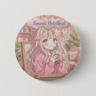 Kawaii Hartslag Anime Meisje Boba Thee Aesthetic M Ronde Button 5,7 Cm
