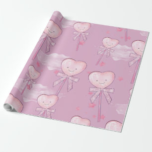 Kawaii Heart Lollipop Pattern – Pastel Paarse Cadeaupapier