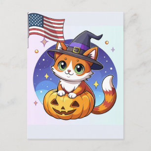 Kawaii Heksenkat Halloween Pompoen Juli Viering Feestdagenkaart