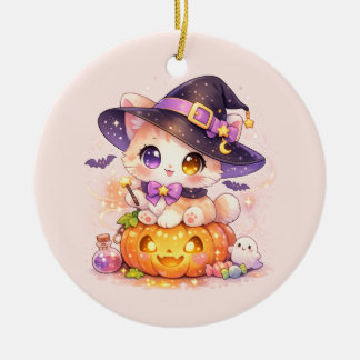 Kawaii Heksenkat & Pompoen Pastel Halloween Keramisch Ornament