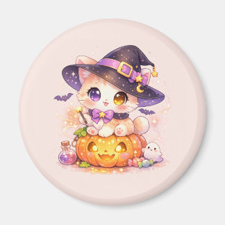 Kawaii Heksenkat & Pompoen Pastel Halloween Magneet