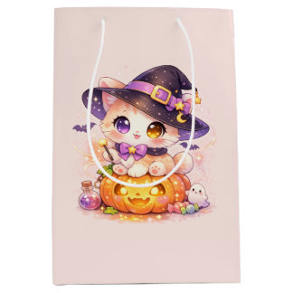 Kawaii Heksenkat & Pompoen Pastel Halloween Medium Cadeauzakje