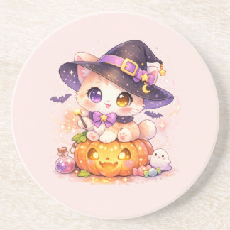 Kawaii Heksenkat & Pompoen Pastel Halloween Zandsteen Onderzetter