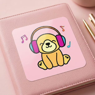 Kawaii Hond Puppy Lachend Met Kleurrijke Koptelefo Vierkante Sticker