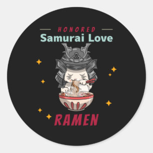 Kawaii Honored Samurai Cat Eat Ramen Ronde Sticker
