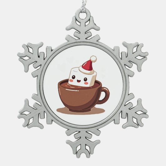 Kawaii Hot Cocoa Mug Smiling Marshmallow Art Tin Sneeuwvlok Ornament (Voorkant)