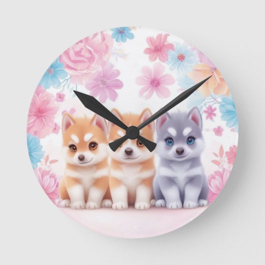 Kawaii Husky Puppies: Pastel Pals Sierkussen Ronde Klok (Voorkant)