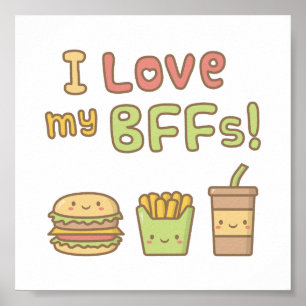 Kawaii I houdt van mijn BFF's Fast Food Doodle Poster