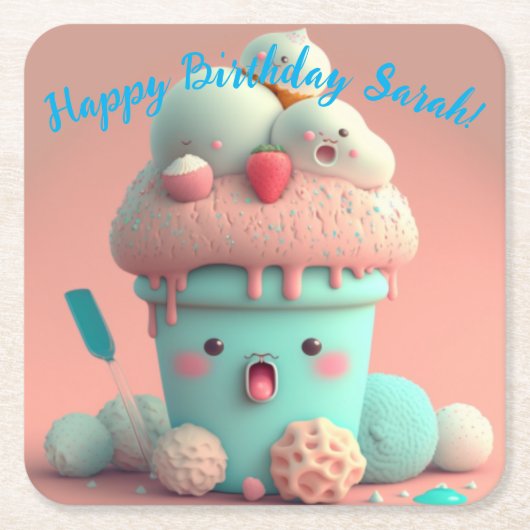 Kawaii-ijs Vierkante Kartonnen Onderzetter (Voorkant)