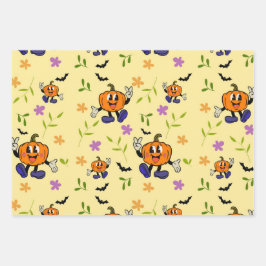 Kawaii Jack-o’-Lantern with Flowers and Bats Inpakpapier Vel