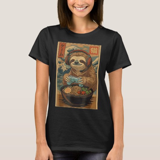 Kawaii Japanese Ramen Sloth Retro Gaming Shirts Fo (Voorkant)